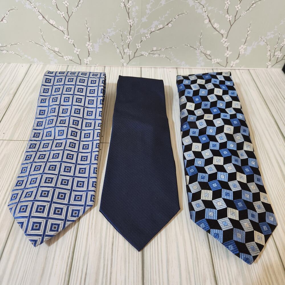 Bachrach Lot of 3 Blue Geometric Solid 100% Silk Men's Tie